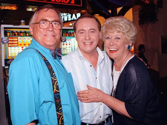 A file photofrom 1997 of Jack (left) and Vera Duckworth (Bill Tarmey and Liz Dawn) meeting up with Street veteran Ray Langton (actor Neville Buswell) in the gambling capital of the World, Las Vegas. Coronation Street actress Liz Dawn, who played Vera Duckworth in the soap, has died, her family has said