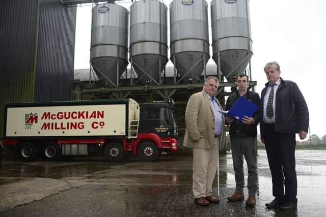From left to right: Barney McGuckian, Colin Newell and Liam McGuckian at the Cloughmills site. Picture:  Arthur Allison/Pacemaker Press