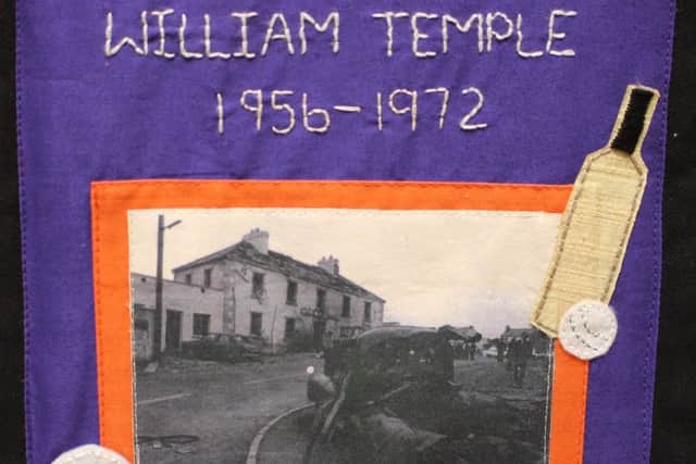 William Temple died in the IRA bomb attack on Claudy in 1972. Aged 16, he was helping do milk deliveries when he was killed by the third bomb. This patch has been dedlicated to him on a memorial quilt constructed by the South East Fermanagh Foundation, featuring the scene of his death, and a football and cricket bat.