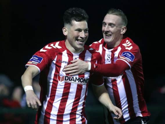 Derry City goalscorers, Conor McDermott and Ronan Curtis celebrate as the Candy Stripes returned to winning ways at Maginn Park.