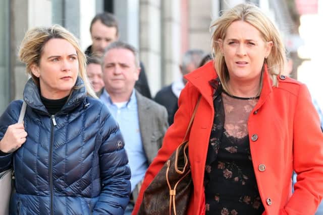 Josie McCallion (left) and Patricia OBrien, sisters of Mairead McCallion, leaving her inquest at Laganside courts in Belfast