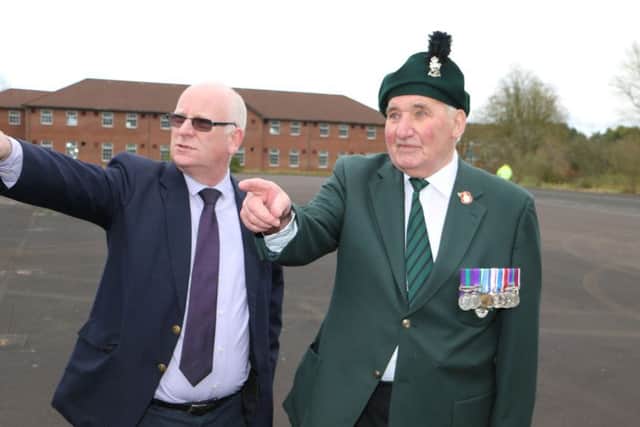 Flashback: Former Mayor of Mid and East Antrim , Billy Ashe  with Jim Peters from Broughshane, who served over 20 years in the Royal Ulster Rifles. Jim was one of many ex-servicemen who toured the facility at St Patrick's Barracks when plans for its regeneration were originally discussed.
