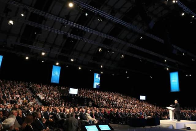 Foreign Secretary Boris Johnson delivering his speech at the Conservative party conference at the Manchester Central Convention Complex in Manchester. Party members at the conference got to mingle with ministers and senior politicians. Photo: Owen Humphreys/PA Wire