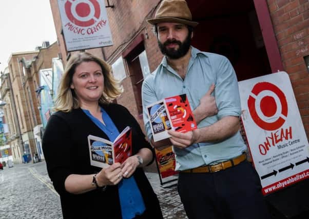 Charlotte Dryden from the Oh Yeah Centre and Chris McConaghy (of local band Our Krypton Son) launch the Sound of Belfast festival programme