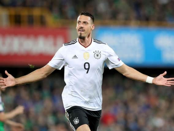 Germany's Sandro Wagner celebrates after putting his side 2-0 ahead against Northern Ireland