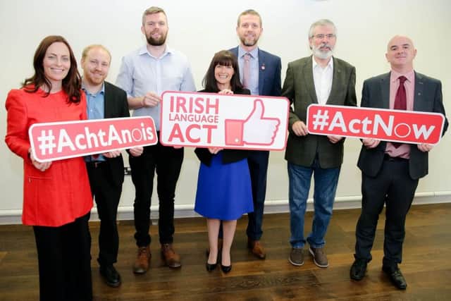 Alliance MLA Paula Bradshaw (centre) with politicians including Gerry Adams TD of Sinn Fein at an event at the MAC in Belfast in August to demand a standalone Irish language act.

Picture: Philip Magowan / PressEye