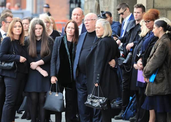 Family arriving at Salford Cathedral for the funeral service of Coronation Street actress Liz Dawn. PRESS ASSOCIATION Photo. Picture date: Friday October 6, 2017. A former Woolworths shop girl from Leeds, who first set foot on Weatherfield's famous cobbles in 1974, Dawn, who had four children, died peacefully last week at home with her family around her.   See PA story FUNERAL Dawn. Photo credit should read: Peter Byrne/PA Wire