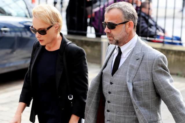 Sally Dynevor and Michael LeVell arriving at Salford Cathedral for the funeral service of Coronation Street actress Liz Dawn. PRESS ASSOCIATION Photo. Picture date: Friday October 6, 2017. A former Woolworths shop girl from Leeds, who first set foot on Weatherfield's famous cobbles in 1974, Dawn, who had four children, died peacefully last week at home with her family around her.   See PA story FUNERAL Dawn. Photo credit should read: Peter Byrne/PA Wire