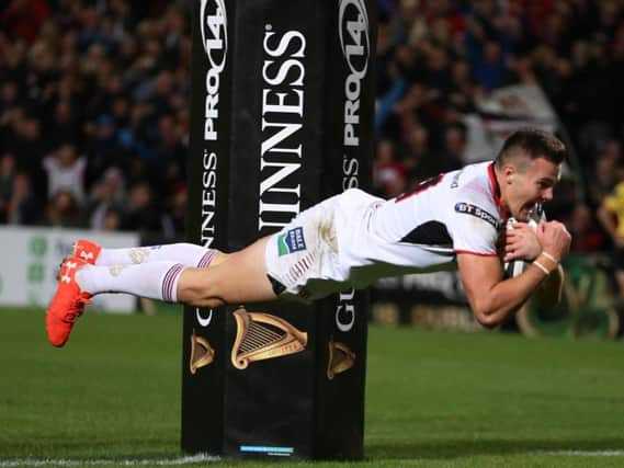 Jacob Stockdale scores a try for Ulster against Connacht