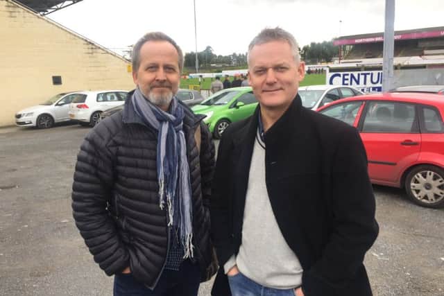Geir Florhaug (left) and Lars Erik Bolstad from Norway - creators of the Groundhopper app - during a weekend visit to Shamrock Park. The Portadown match marked part of a four-game tour within three days.