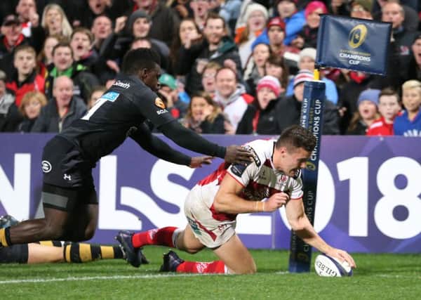 Ulster's Jacob Stockdale scores a try against Wasps