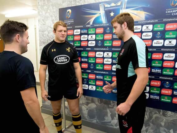 Ulster captain Iain Henderson with Wasps captain Joe Launchbury and referee Ben Whitehouse at 'the toss' before Friday night's European Champions Cup game at Kingspan Stadium
