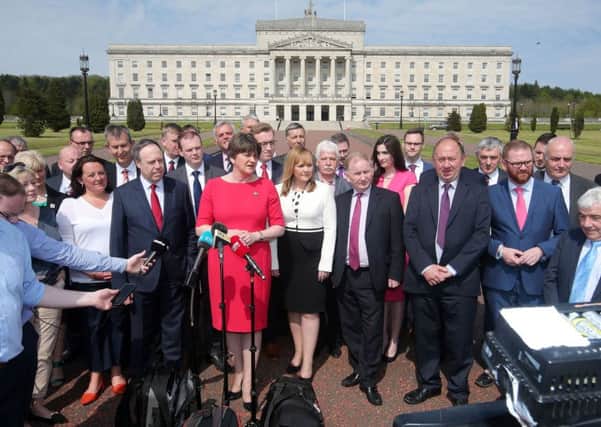 The latest team of DUP MLAs in May. Arlene Foster recently said it was "offensive" to imply that politicians are motivated by pay cuts. But in fact it is not insulting, because of course politicians in most parties worry about their livelihoods. SF MLAs, however, submit entirely to the party. 

Picture by Jonathan Porter/PressEye