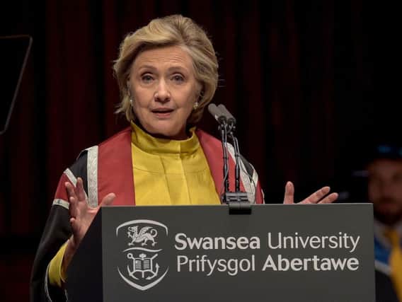 Hillary Clinton gives a speech as she receives a Honorary Doctorate, at Swansea University, in recognition of her commitment to promoting the rights of families and children around the world, a commitment that is shared by Swansea University's Observatory on the Human Rights of Children and Young People