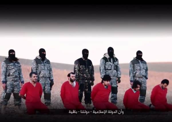 Screen grab taken from undated footage issued by Islamic State militants showing the execution of five men accused of being spies for the UK. PRESS ASSOCIATION Photo. Issue date: Monday January 4, 2016.