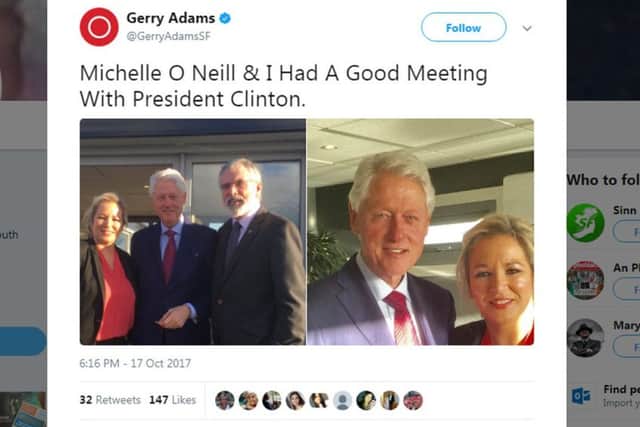 Tweet from Gerry Adams showing photos of the Sinn Fein president with Michelle ONeill and Mr Clinton