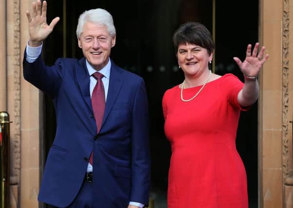 Bill Clinton and Arlene Foster after their meeting in the Culloden Hotel outside Belfast