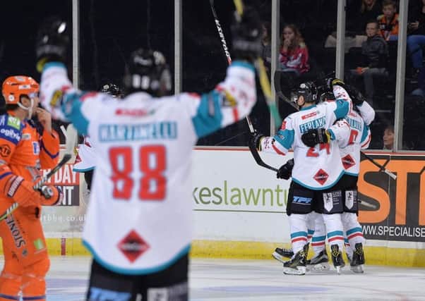 Celebration time for Belfast Giants in a thrilling victory over Sheffield Steelers. Pic by Dean Woolley.