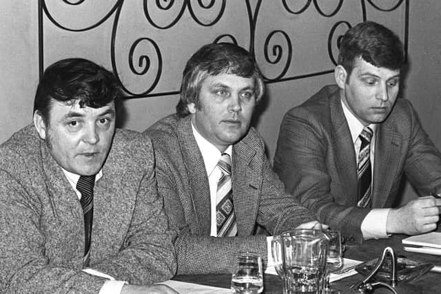 From left Tommy Lyttle, Glen Barr and John McMichael at a UDA press conference at Park Avenue hotel in Belfast in March 1979