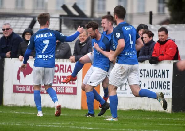 Glenavon celebrate Andy Hall's goal during the 2-0 victory over Carrick Rangers. Pic by Pacemaker.