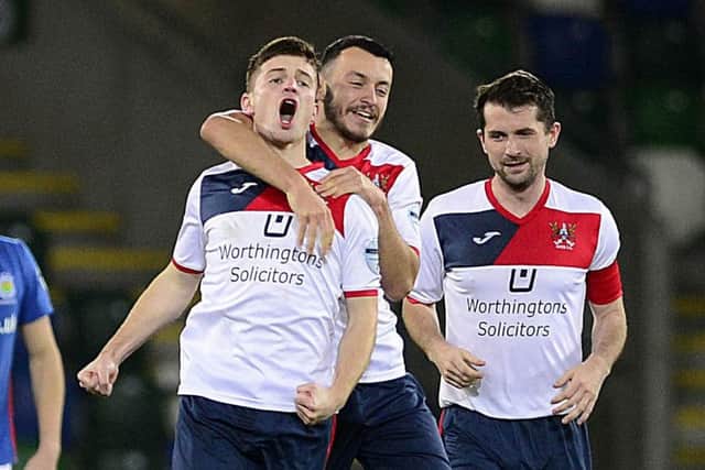 Ards David McAllister pictured after scoring his team's goal against Linfield