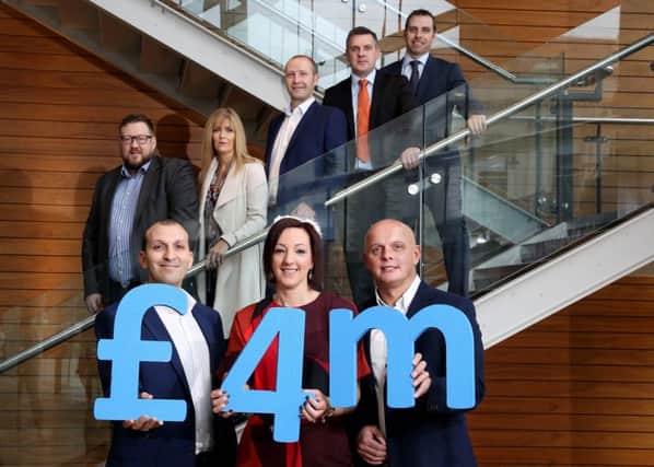 Pictured at the combined announcement are, front  from left Idir Boudaoud, Sensoteq, Moira Loughran, Invest NI, and Ross Harbinson, Hartech Building Services with, back from left Philip Davison, CD Fairfield Capital, Kerry Peacock, Feisfayre, Alan McCall, Sensoteq, Paddy Trainor, Cyphra, and Gareth McAllister, Nimbus CS