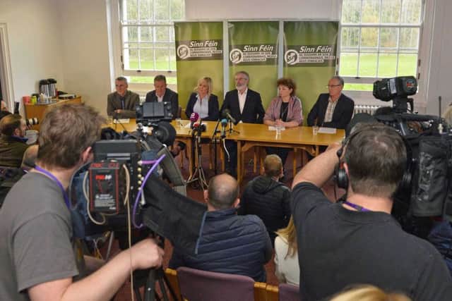 (From the left) Sinn Fein's Declan Kearney, Conor Murphy, Sinn Fein's Northern Ireland leader Michelle O'Neill, Sinn Fein President Gerry Adams, Caral Ni Chuilin and Gerry Kelly during a press conference at Parliament Buildings, Belfast