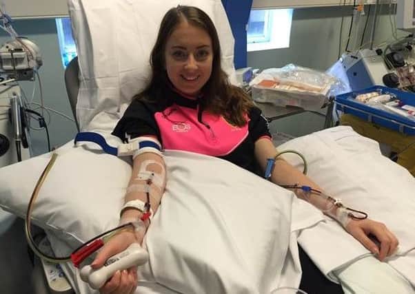 Grace McCullough (22) donating her stem cells at Kings College Hospital, London.