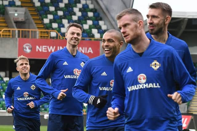 Chris Brunt leads the way during a Northern Ireland training session at the National Stadium at Windsor Park.