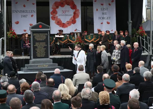 A memorial to honour the victims of the Enniskillen bomb is unveiled at Belmore Street, Enniskillen on the 30th anniversary of the atrocity