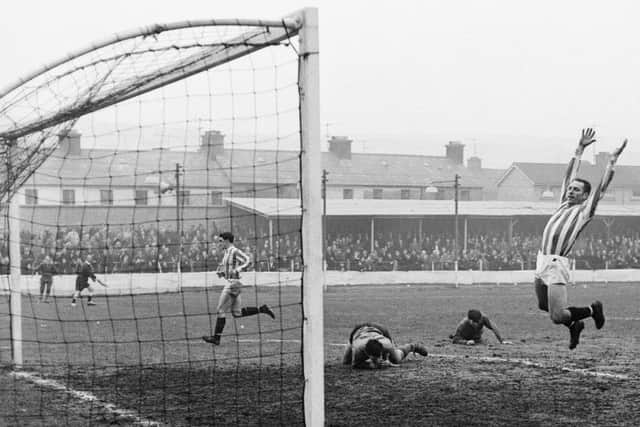 Danny Hale throws his arms in the air as Derry take the lead against Cliftonville in an Irish League clash at Brandywell in 1969.