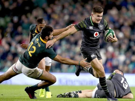 Winger Jacob Stockdale goes in for a try for Ireland during the win over South Africa