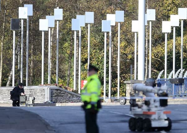 The scene on Durmragh Avenue, beside the memorial to the Omagh bomb victims,  in Omagh, where the security alert took place