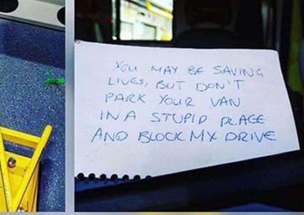 Photos issued by West Midlands Ambulance Service of a hand-written message left on an ambulance which left emergency call paramedics in shock, scolding them for allegedly blocking a driveway.