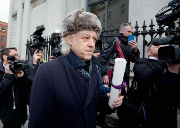 Bob Geldof arrives at City Hall in Dublin to hand back his Freedom of the City of Dublin, in protest against Burmese Nobel peace laureate Aung San Suu Kyi holding the same award. PRESS ASSOCIATION Photo. Picture date: Monday November 13, 2017. Ms Suu Kyi has faced widespread criticism over her country's treatment of its Rohingya Muslim minority. See PA story IRISH Geldof. Photo credit should read: Tom Hanon/PA Wire