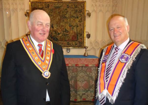 Grand Master of Ireland (Edward Stevenson, left) with David Simpson MP (right) laying floral tribute to King William III at Westminster Abbey, November 11, 2017: Photo credit: Steve Nimmons