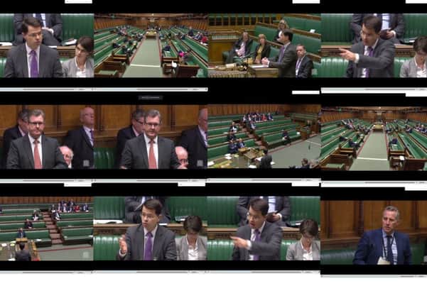Image taken from the House of Commons, November 14, 2017, showing a James Brokenshire addressing the DUP faction in a sparsely-populated debating chamber