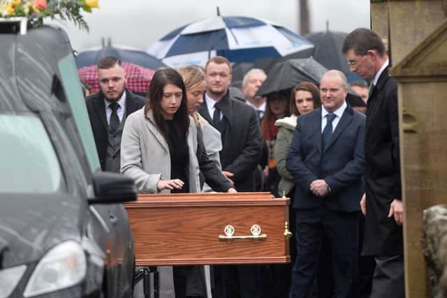 Family and friends gathered for the funeral of Mathew Bradley at  St Joseph's Church, Glenavy on Tuesday morning.  Pic by Pacemaker Press