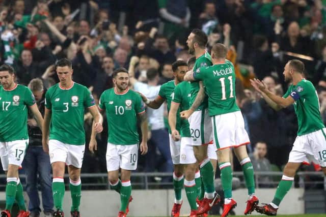 Republic of Ireland players celebrate Shane Duffy's opening goal against Denmark