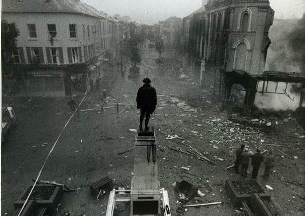 The aftermath of the large van bomb detonated in the centre of Coleraine by the IRA on Novembe 13 1992