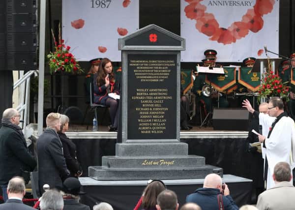 The new memorial to the 12 victims of the IRA's 1987 Remembrance Sunday bomb as it was unveiled on 8 November 2017 in Enniskillen. It was removed and put into storage soon after it was unveiled. Pic: Niall Carson/PA Wire