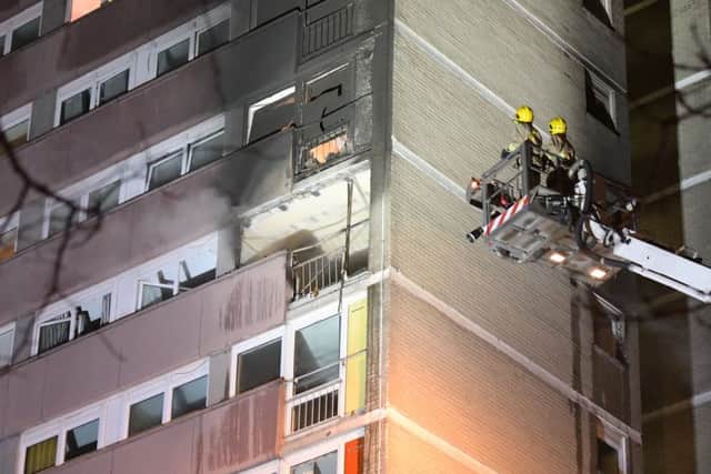 PACEMAKER BELFAST  15/11/2017
A fire has broken out at a high-rise block of flats in Dunmurry, on the outskirts of west Belfast.
Firefighters and ambulance crews were sent to Coolmoyne House flats on Seymour Hill, as flames and smoke hit multiple floors of the tower block
Photo Colm Lenaghan/Pacemaker Press