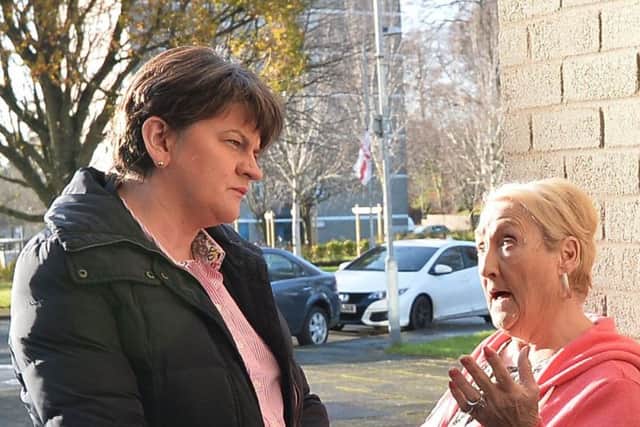 DUP Leader Arlene Foster talks to Coolmoyne House resident Sally Ritchie.
 Pic Colm Lenaghan/Pacemaker