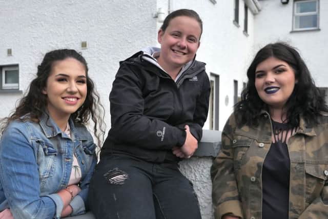 Programme Name: True North: Raphoe to Red Square - TX: 20/11/2017 - Episode: True North: Raphoe to Red Square (No. 1) - Picture Shows: Chloe, Victoria and Robyn in Raphoe.  - (C) BBC NI - Photographer: Barking Films for BBC NI