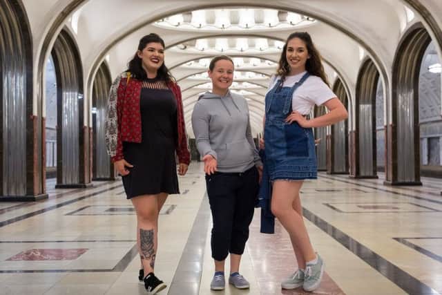 Programme Name: True North: Raphoe to Red Square - TX: 20/11/2017 - Episode: True North: Raphoe to Red Square (No. 1) - Picture Shows: Robyn, Victoria and Chloe in a Moscow subway station.  - (C) BBC NI - Photographer: Barking Films for BBC NI
