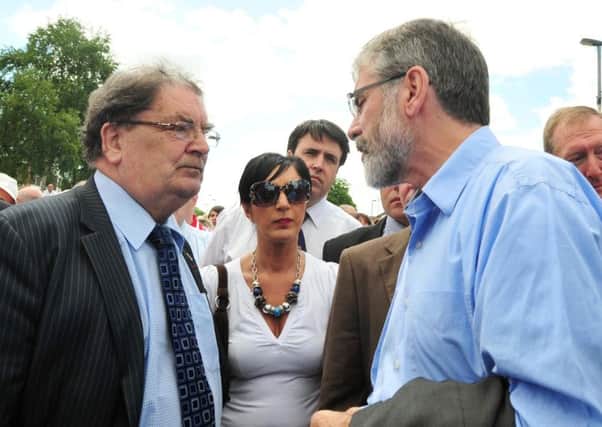 Gerry Adams and John Hume outside the Guildhall in Londonderry in June 2010 waiting for news from the Saville Inquiry