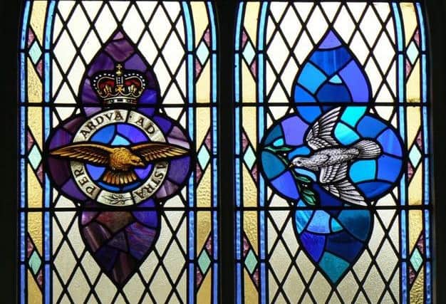 A stained glass window in Bannfoot Methodist Church in memory of Squadron Leader Robert 'Paddy' Turkington