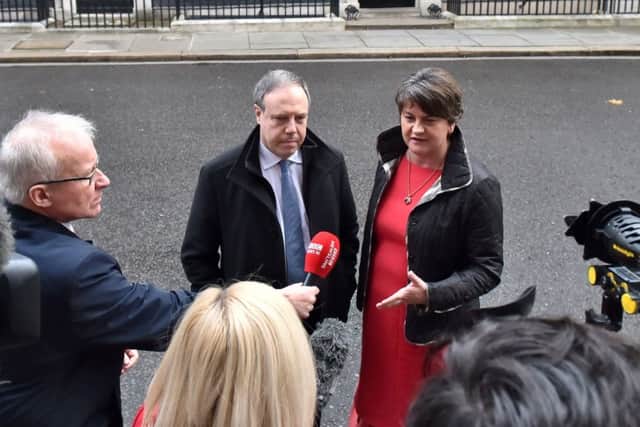 DUP leader Arlene Foster and DUP deputy leader Nigel Dodds speak to the media after leaving Downing Street, London, where talks were held with the Prime Minister on the ongoing powersharing crisis at Stormont Wire