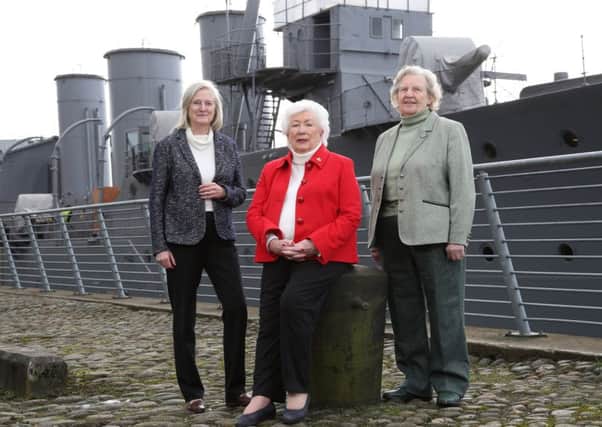 Liz Shanks, Patrica Shaw and Valerie Millington at HMS Caroline. Picture by Darren Kidd / Press Eye.